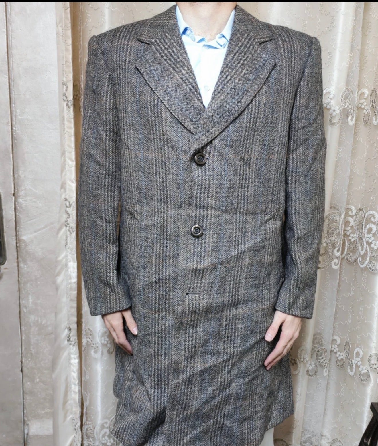 1970s vintage Windowpane pure wool handwoven tweed classic over coat 46R