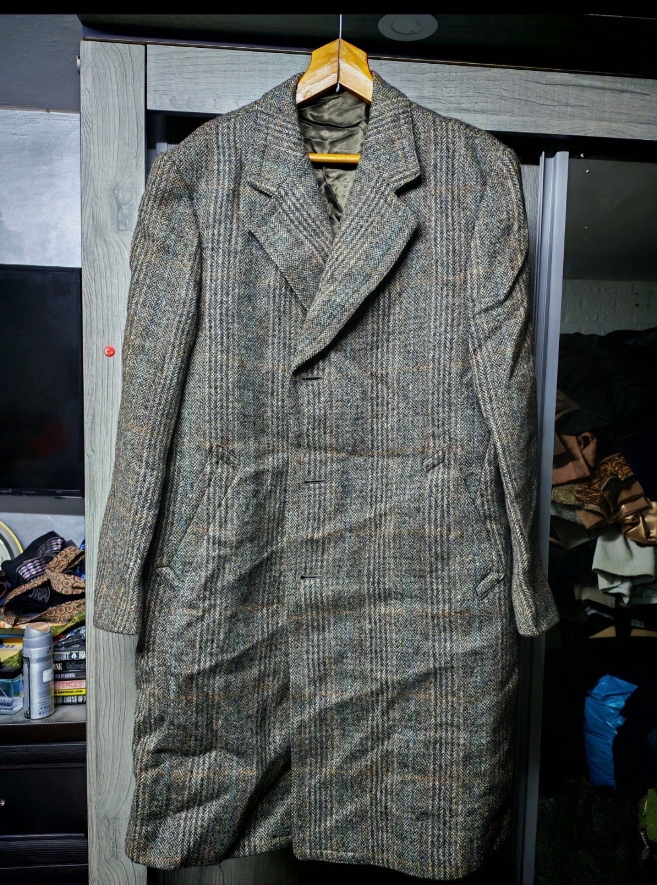 1970s vintage Windowpane pure wool handwoven tweed classic over coat 46R