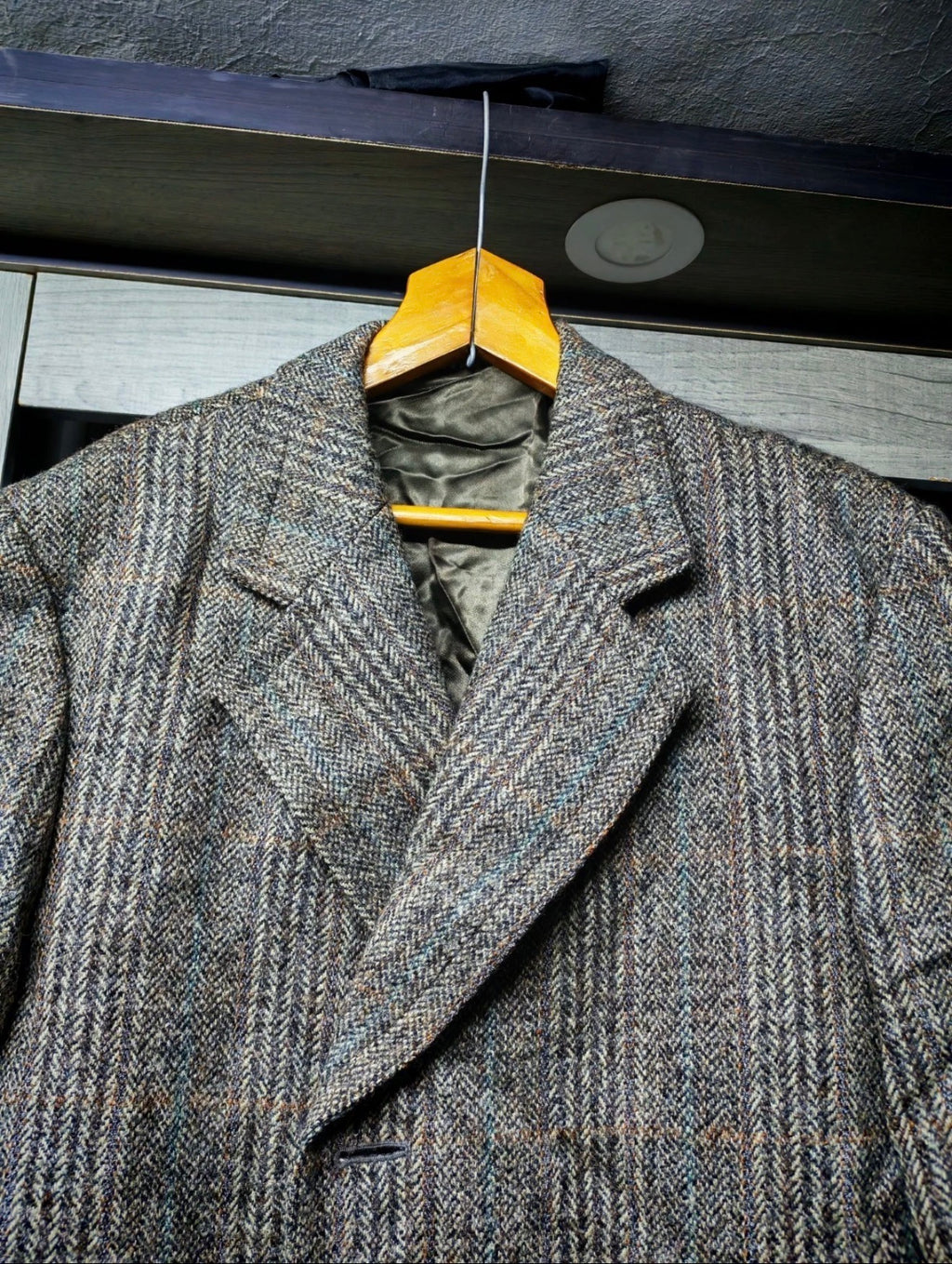 1970s vintage Windowpane pure wool handwoven tweed classic over coat 46R