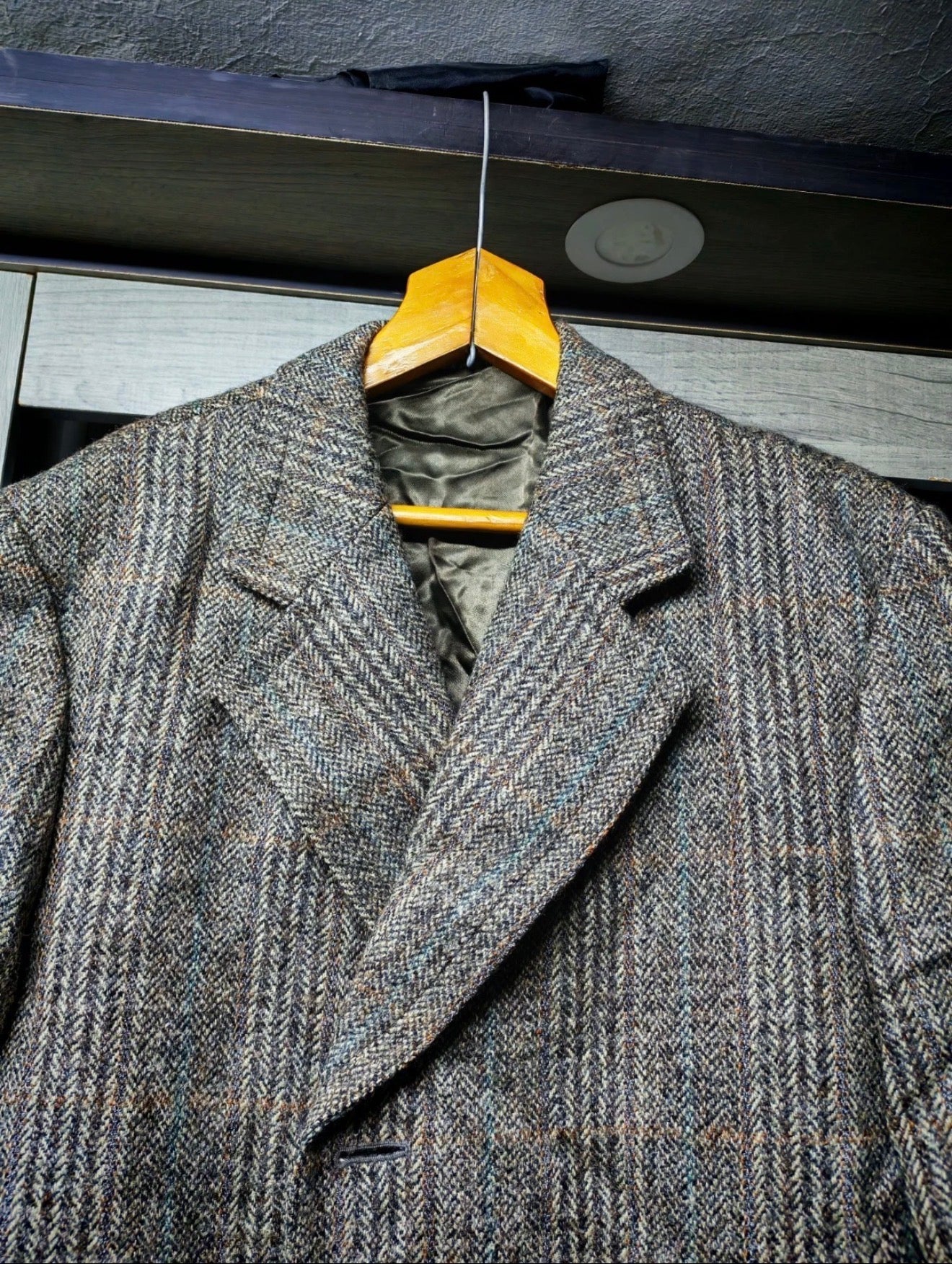 1970s vintage Windowpane pure wool handwoven tweed classic over coat 46R
