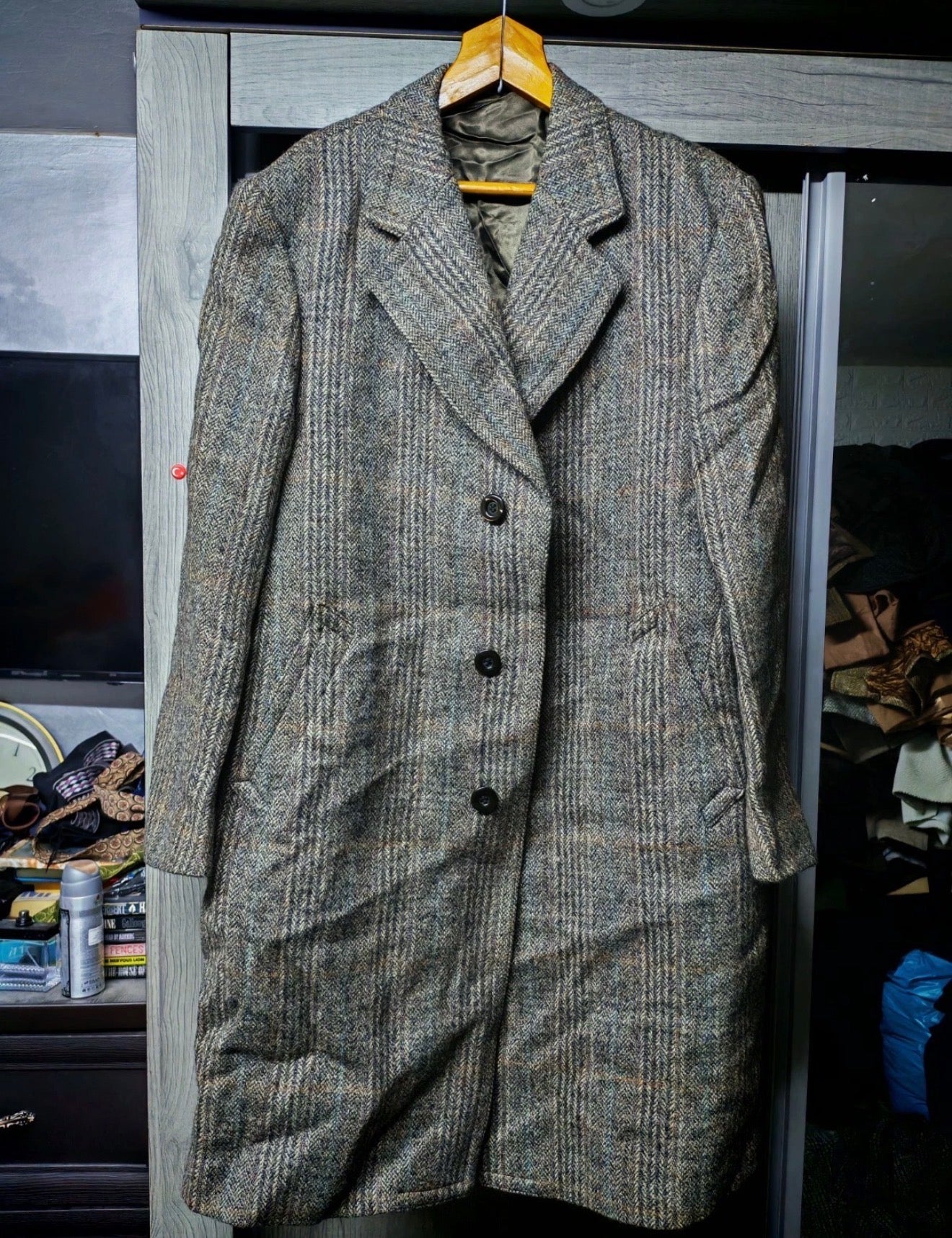 1970s vintage Windowpane pure wool handwoven tweed classic over coat 46R