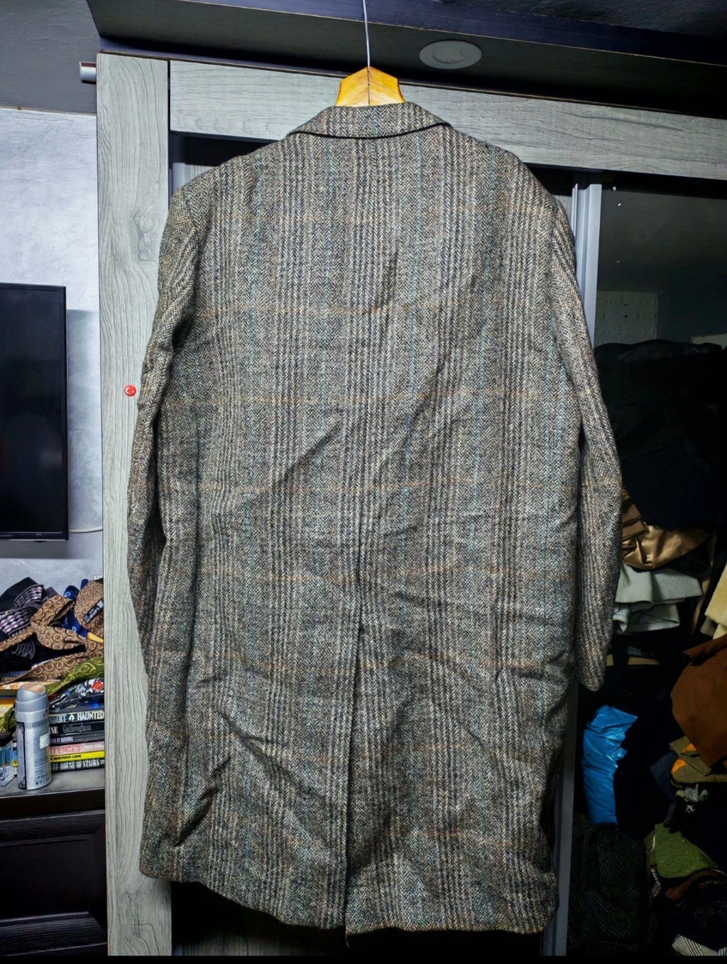 1970s vintage Windowpane pure wool handwoven tweed classic over coat 46R