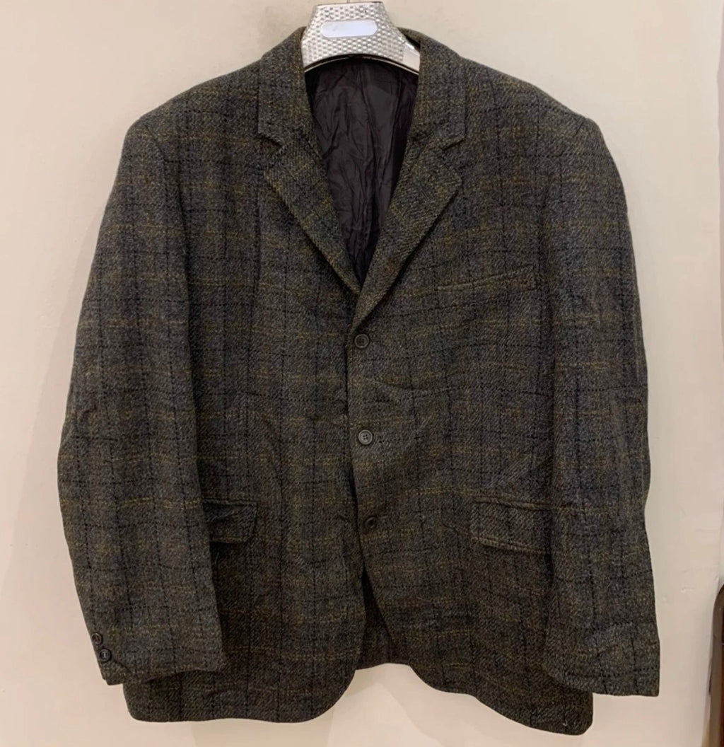 Vintage pure wool handwoven Tweed Windowpane charcoal hunting jacket blazer 44R