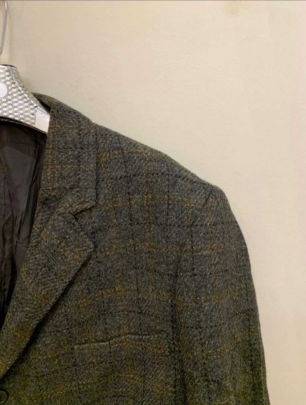 Vintage pure wool handwoven Tweed Windowpane charcoal hunting jacket blazer 44R