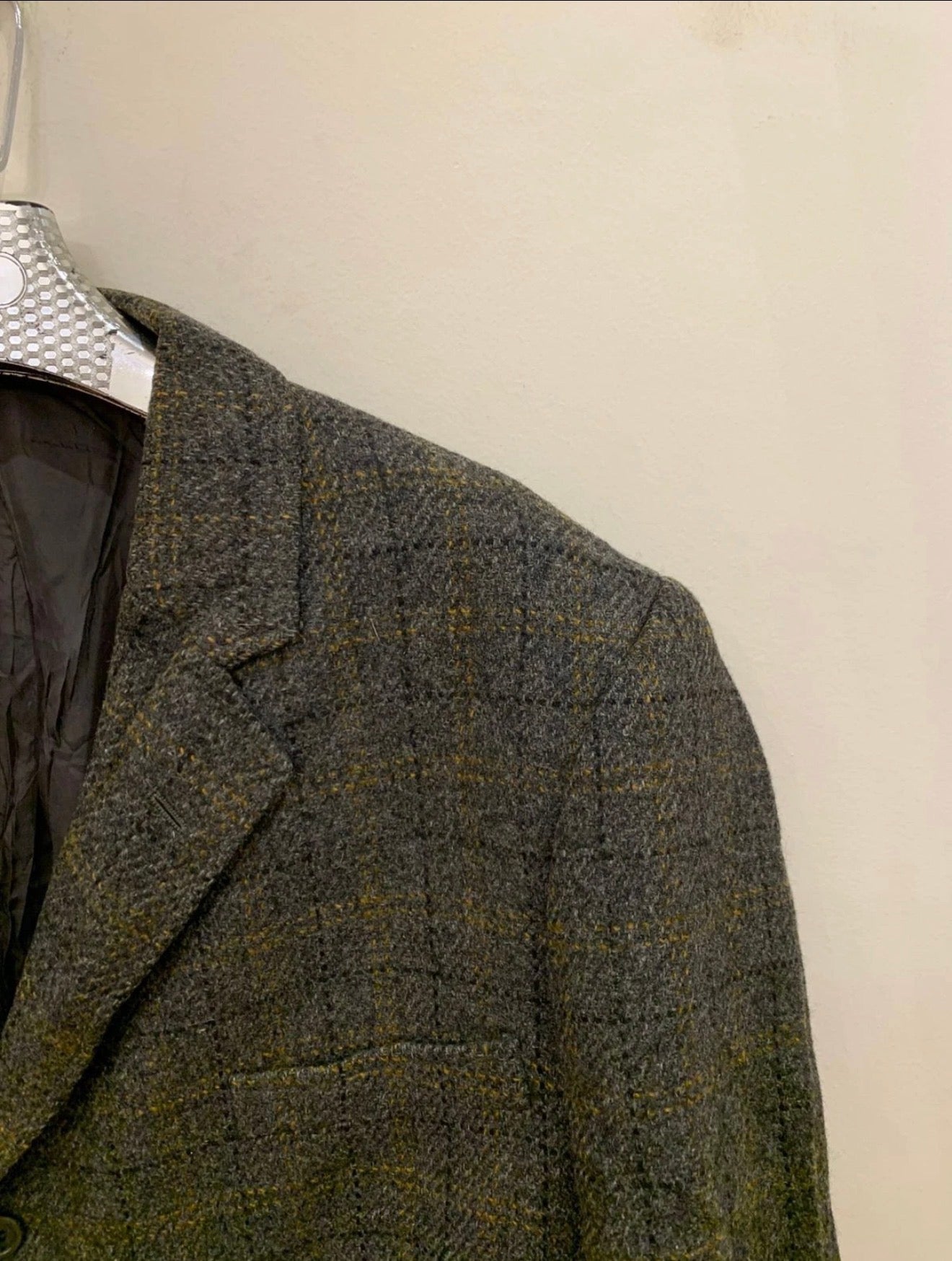 Vintage pure wool handwoven Tweed Windowpane charcoal hunting jacket blazer 44R