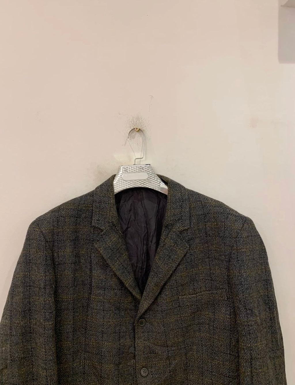 Vintage pure wool handwoven Tweed Windowpane charcoal hunting jacket blazer 44R