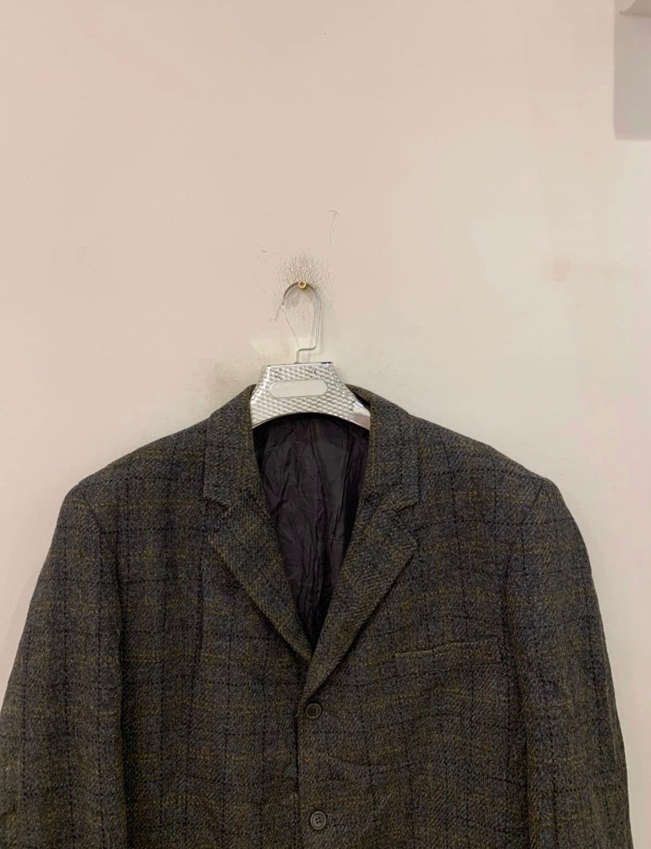 Vintage pure wool handwoven Tweed Windowpane charcoal hunting jacket blazer 44R