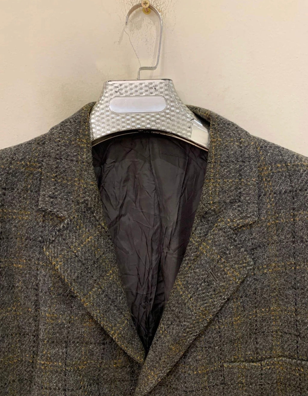 Vintage pure wool handwoven Tweed Windowpane charcoal hunting jacket blazer 44R
