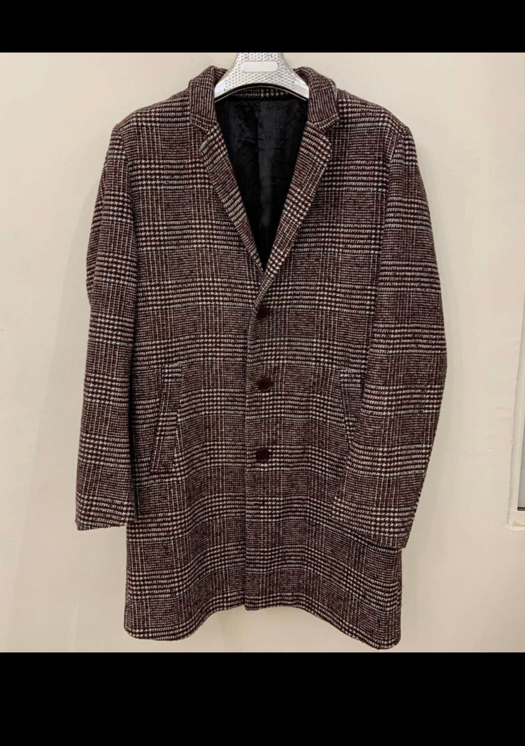 Classic style wool blend glen check brownish burgundy over coat 44R 44L