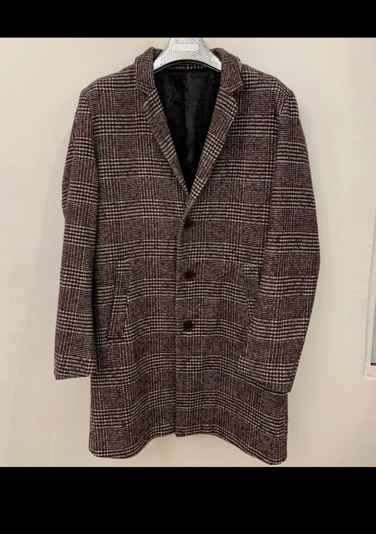 Classic style wool blend glen check brownish burgundy over coat 44R 44L