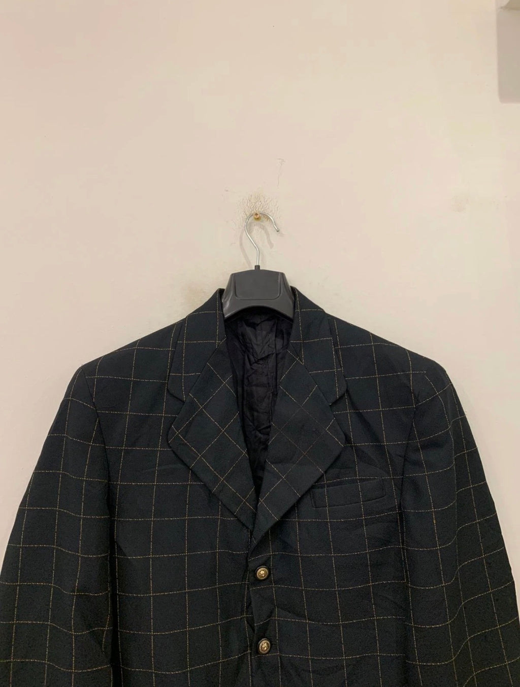 Vintage woollen wool Windowpane gold button classic jacket blazer 38L 38R