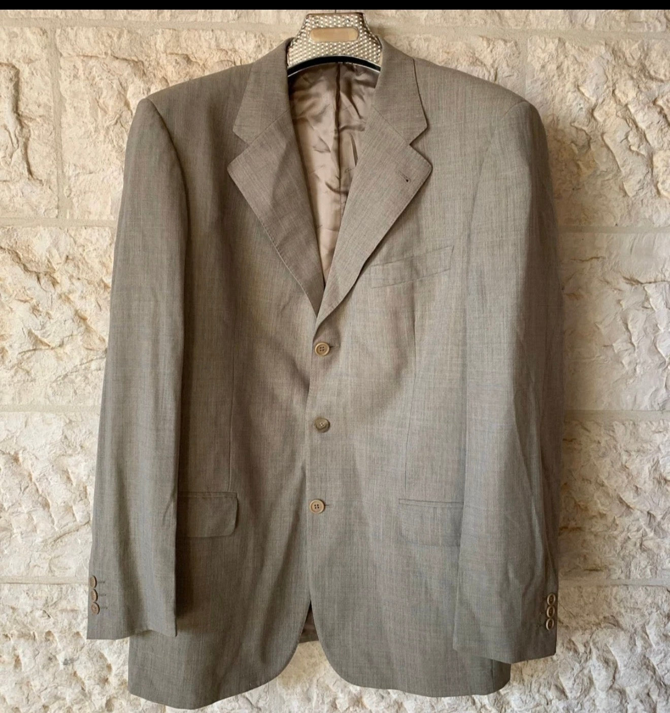 Vintage Super 100s wool Windowpane beige classic 3 button suit 44L