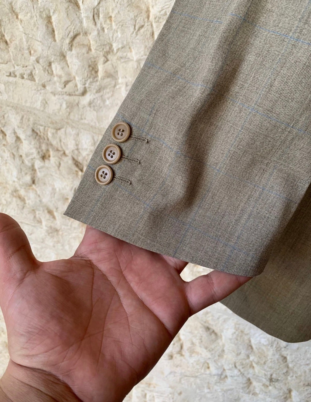 Vintage Super 100s wool Windowpane beige classic 3 button suit 44L