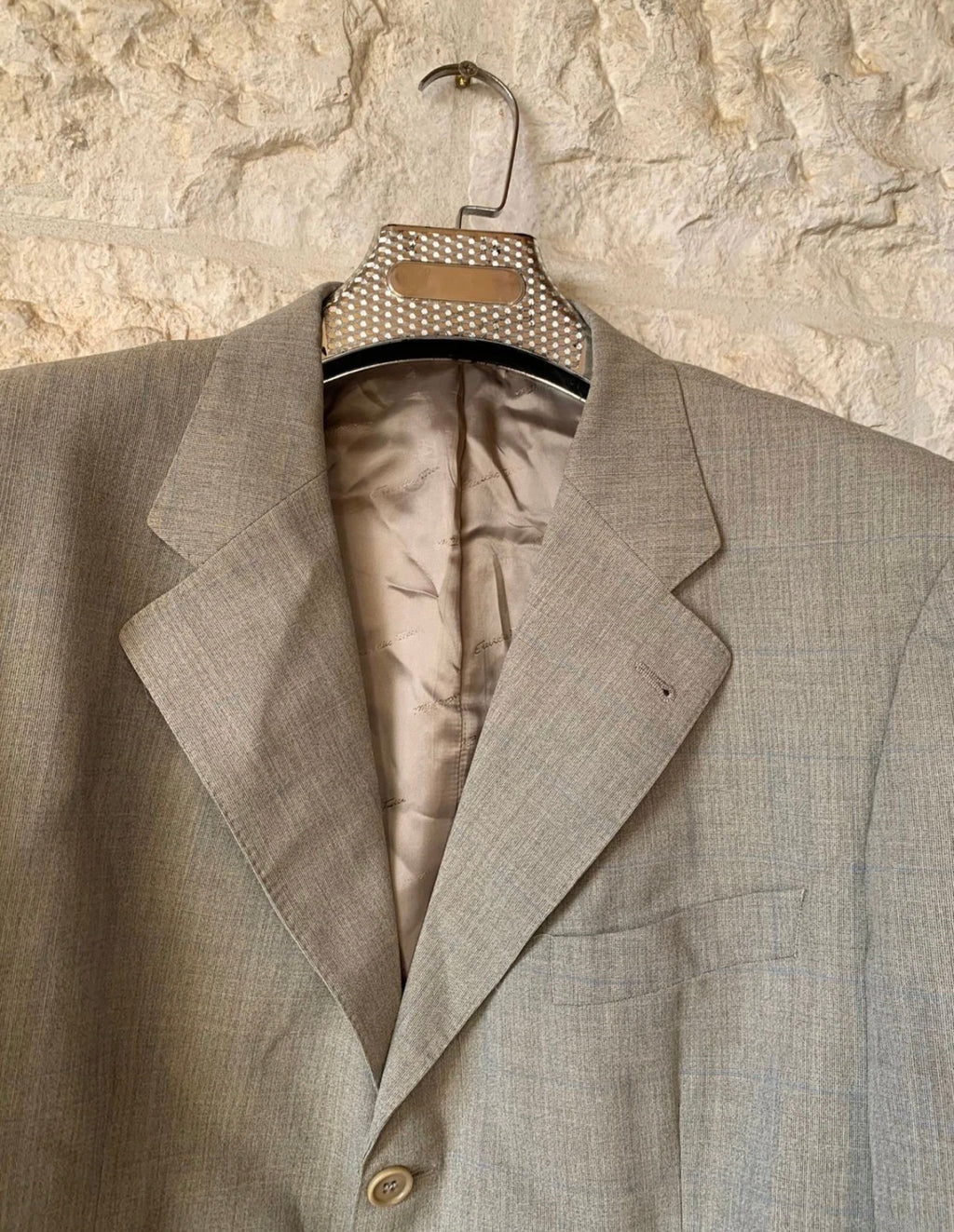 Vintage Super 100s wool Windowpane beige classic 3 button suit 44L