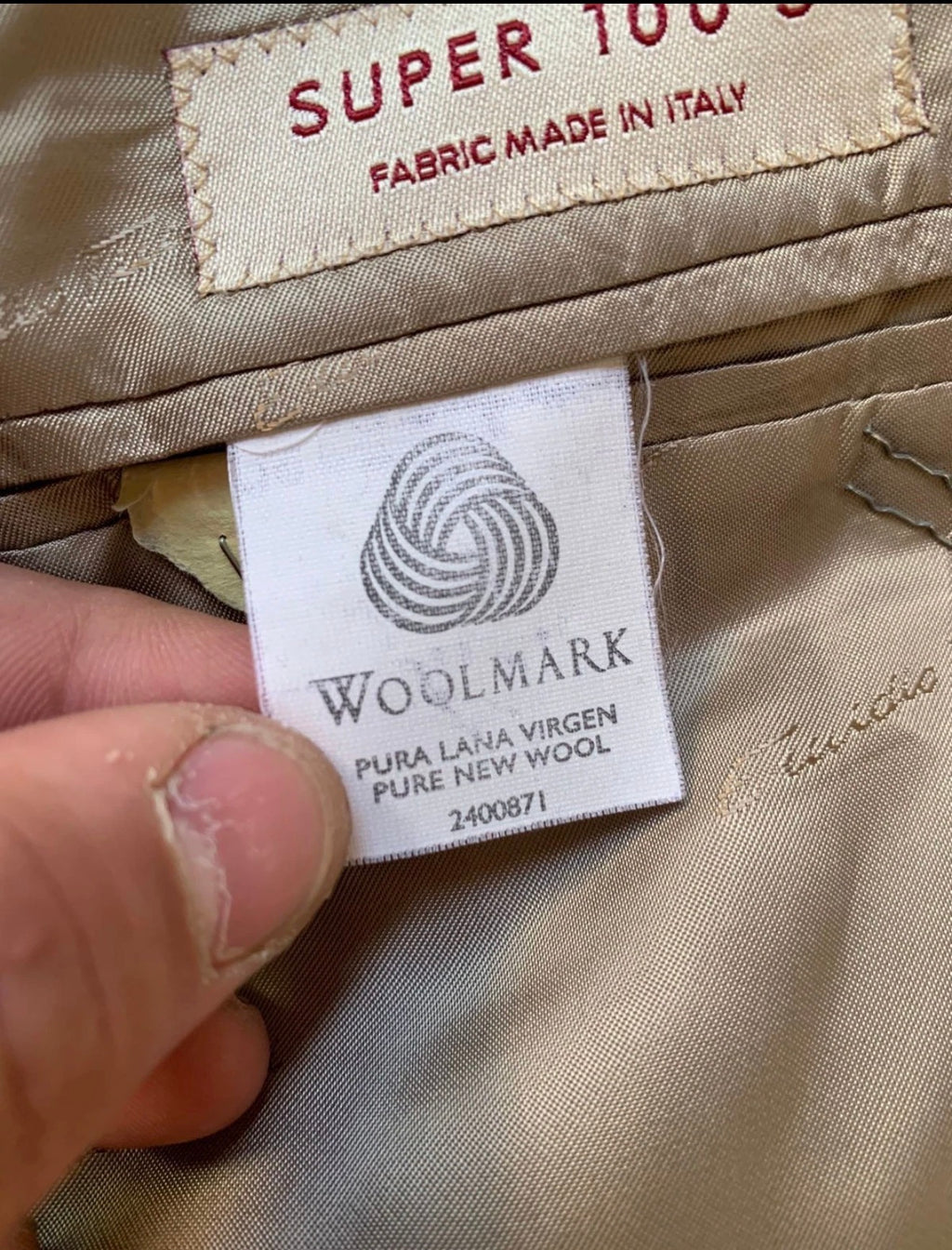 Vintage Super 100s wool Windowpane beige classic 3 button suit 44L