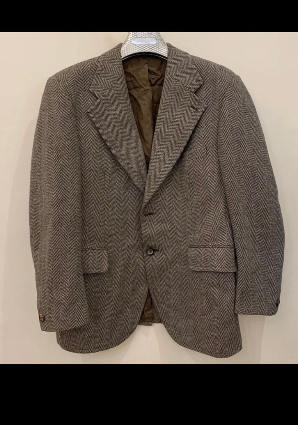 1970s Vintage pure wool tweed herringbone brown beige hunting jacket blazer 42R