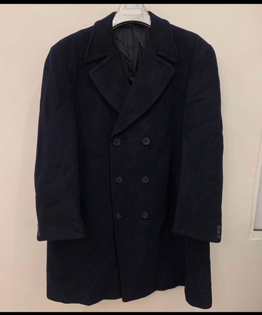 1970s Vintage classic Pure woollen Wool double breasted Navy over coat 48R XL
