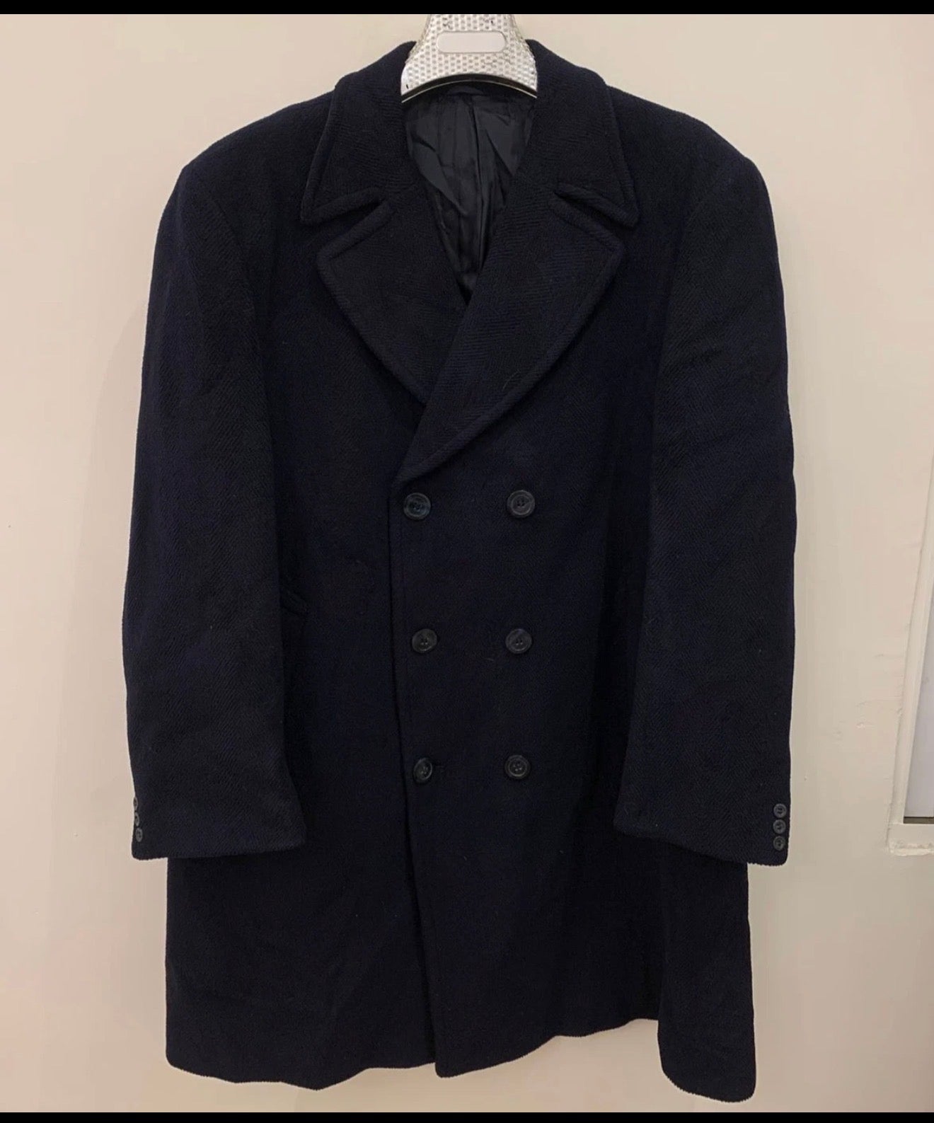 1970s Vintage classic Pure woollen Wool double breasted Navy over coat 48R XL