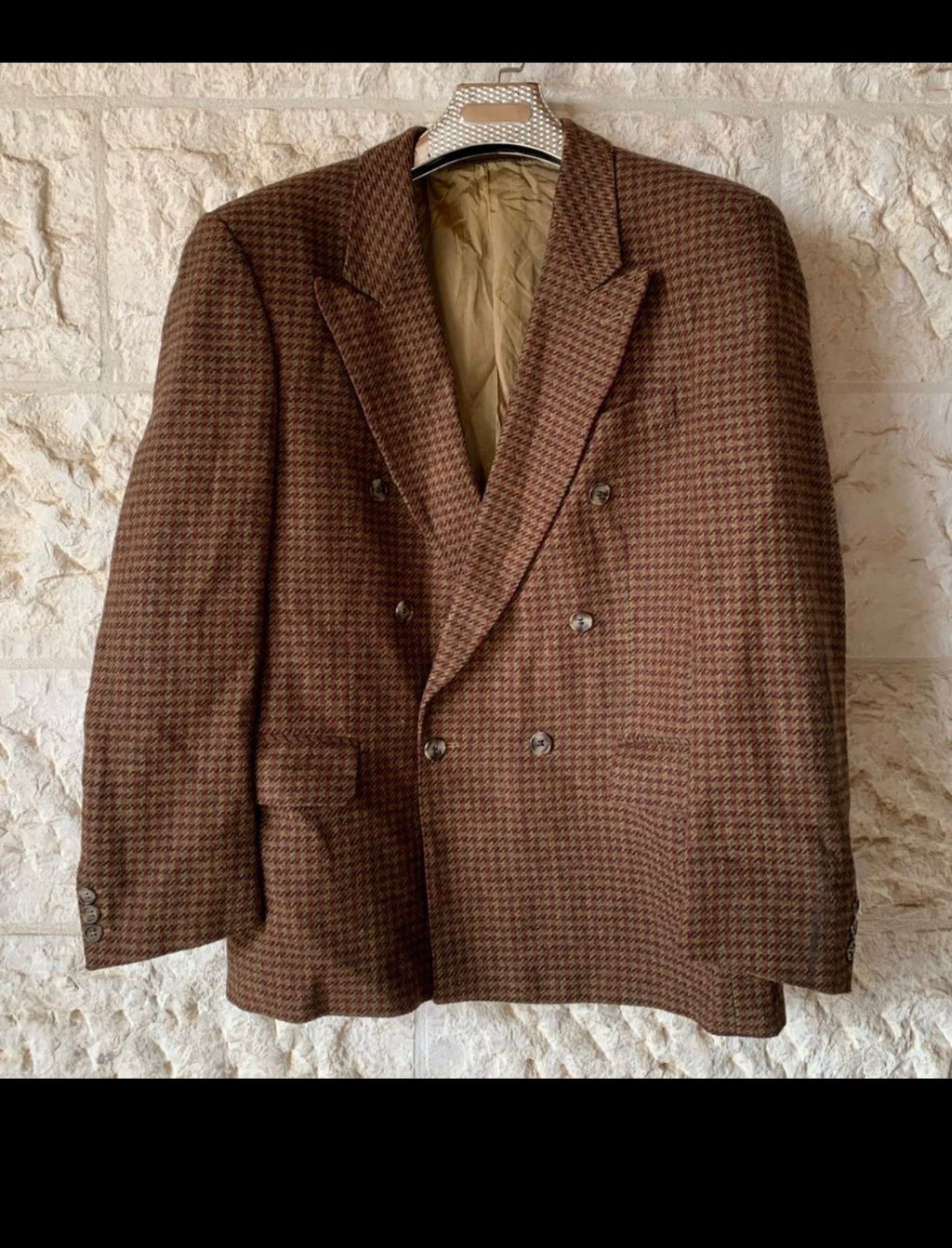 Vintage pure wool tweed houndstooth double breasted brown jacket blazer 42R