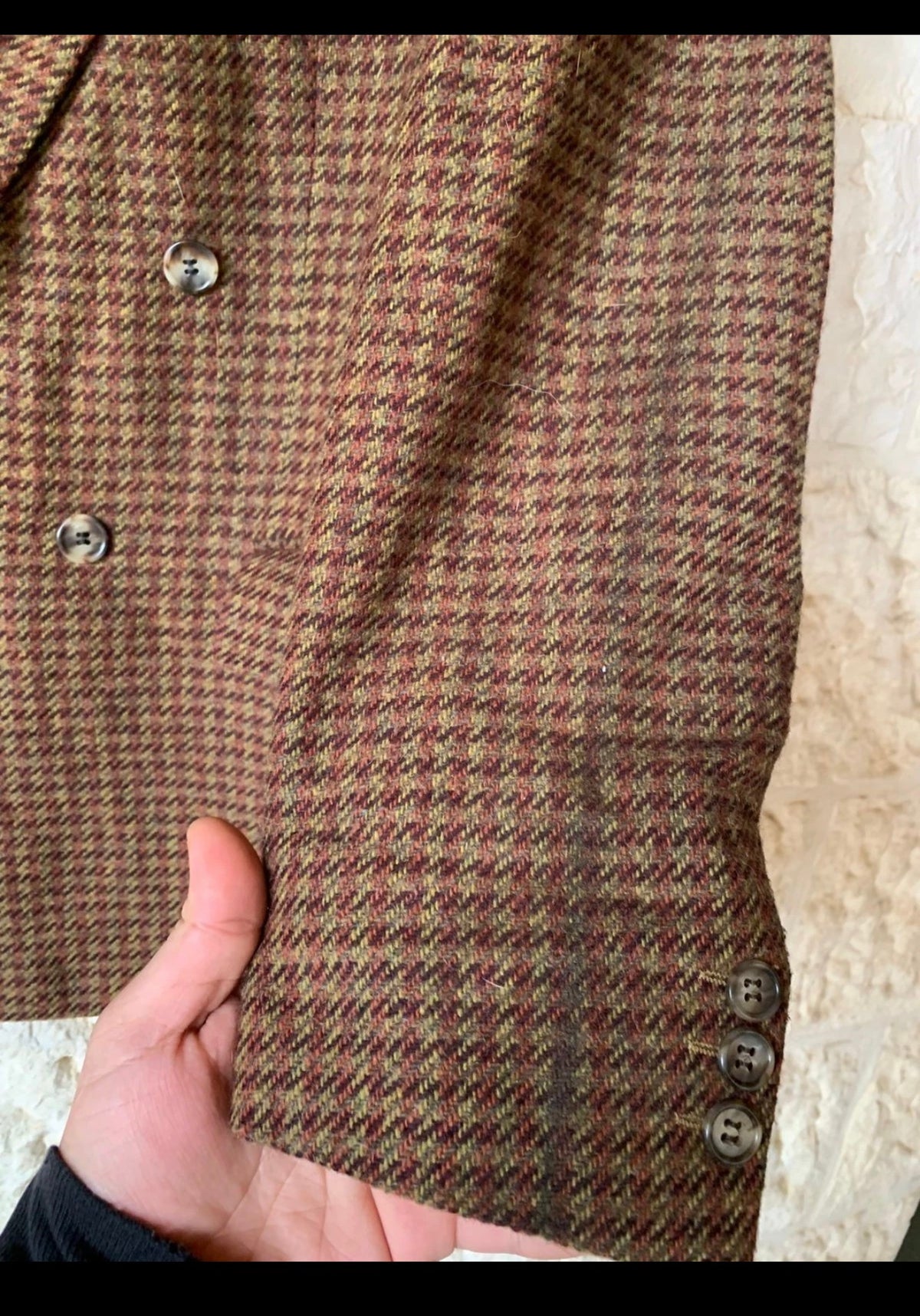Vintage pure wool tweed houndstooth double breasted brown jacket blazer 42R