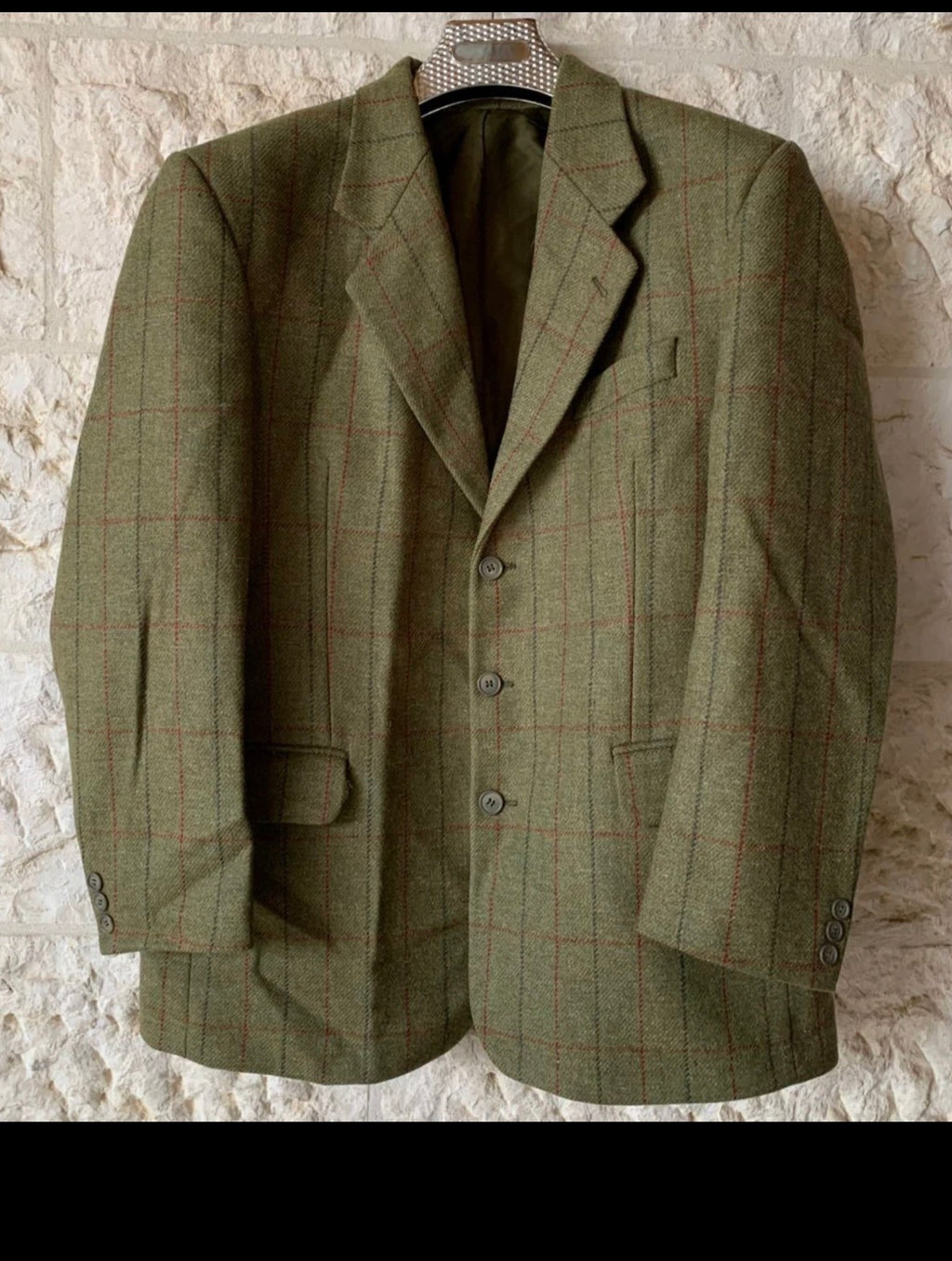 Vintage pure wool handwoven Tweed Windowpane green hunting jacket blazer 44R