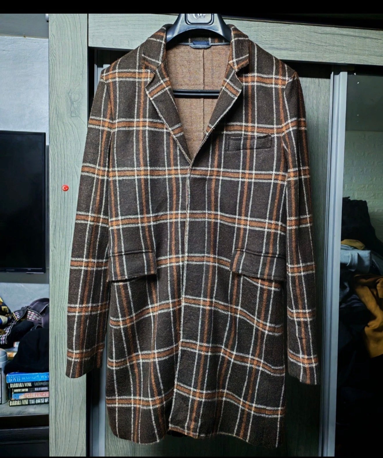 Paolo Pecora 100% Extrafine Merino Wool classic plaid brown over coat 36L 36R