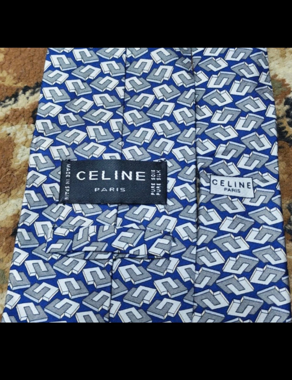 vintage Celine Paris classic 100% all silk luxury Geometric navy gray neck tie