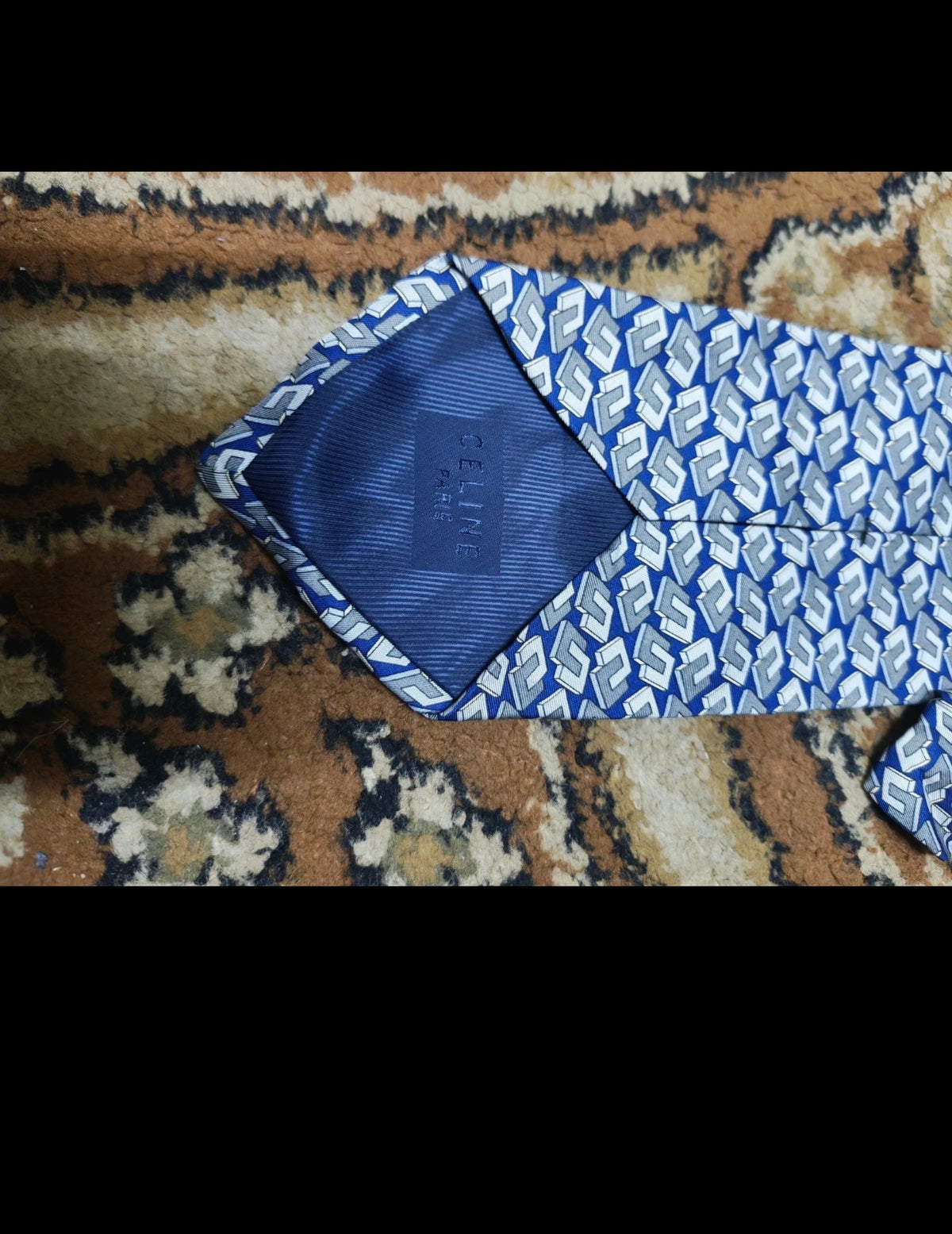 vintage Celine Paris classic 100% all silk luxury Geometric navy gray neck tie