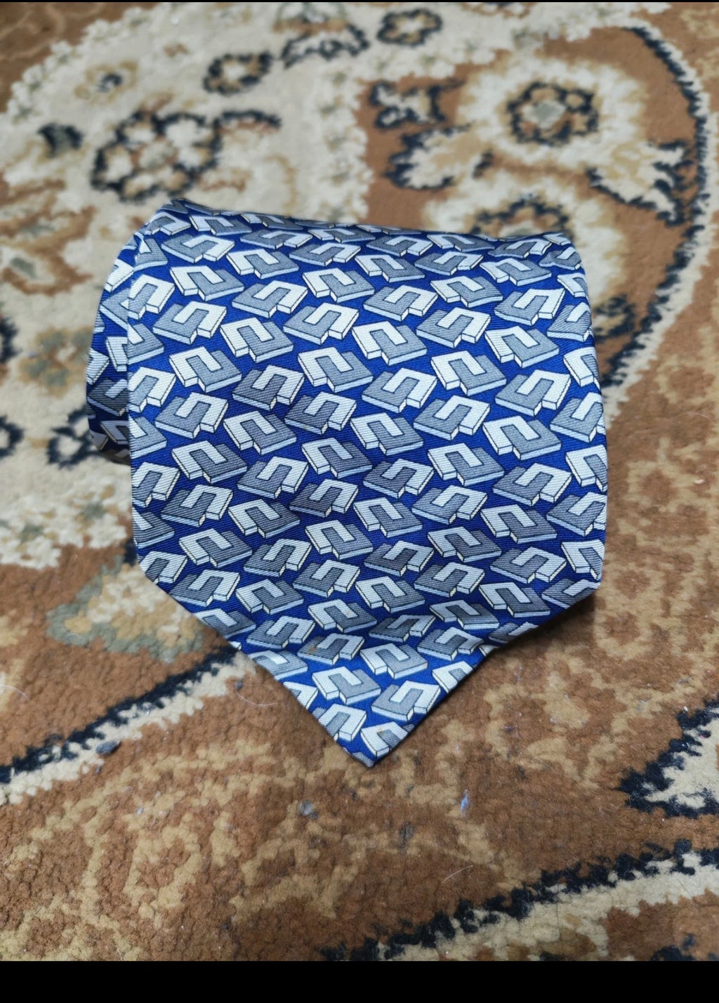 vintage Celine Paris classic 100% all silk luxury Geometric navy gray neck tie