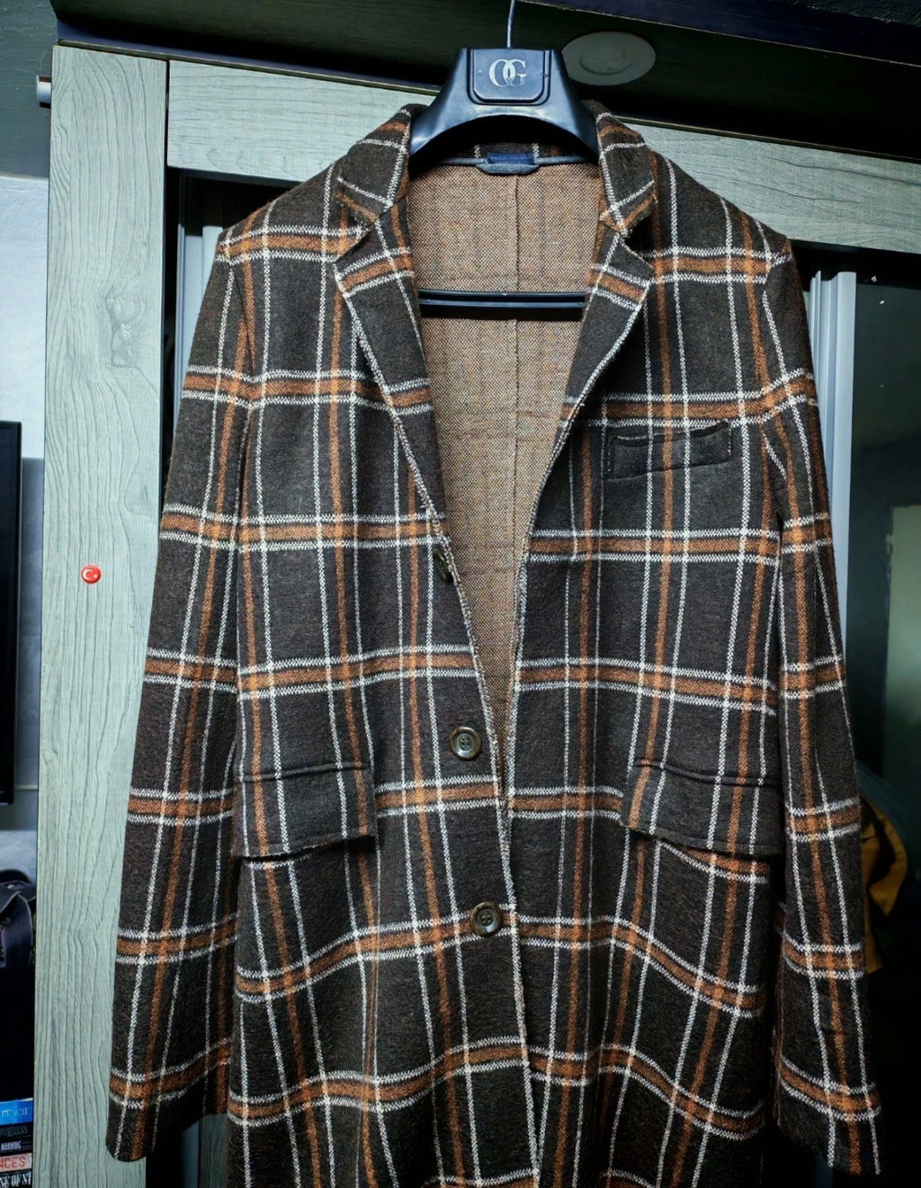 Paolo Pecora 100% Extrafine Merino Wool classic plaid brown over coat 36L 36R