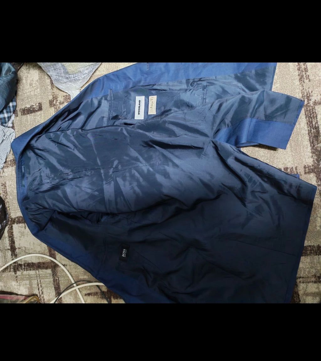 Vintage Hugo Boss 100% pure Cotton classic shiny blue 2 button summer suit 42L