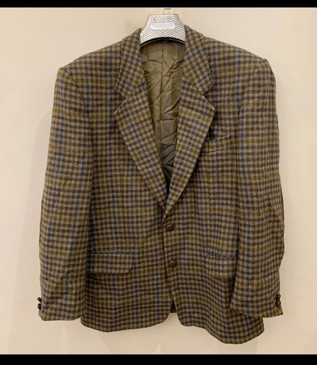 Vintage pure wool handwoven tweed camouflage plaid brown jacket blazer 42R