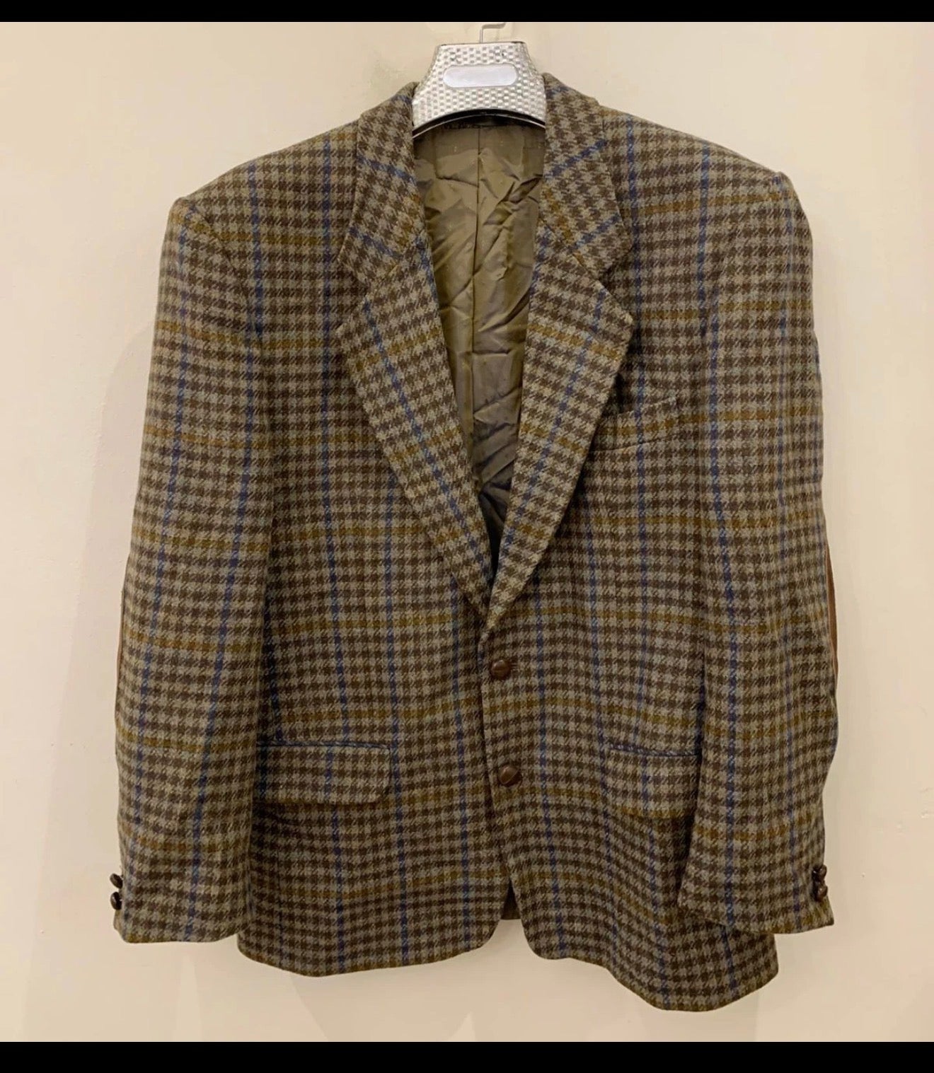 Vintage pure wool handwoven tweed camouflage plaid brown jacket blazer 42R