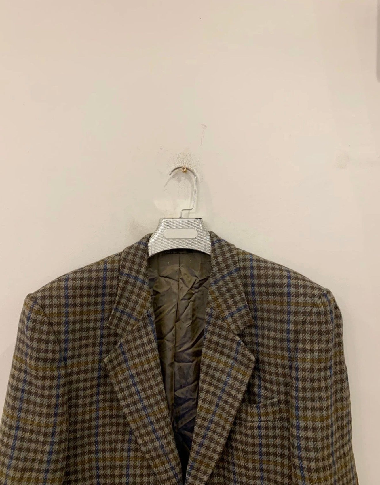 Vintage pure wool handwoven tweed camouflage plaid brown jacket blazer 42R