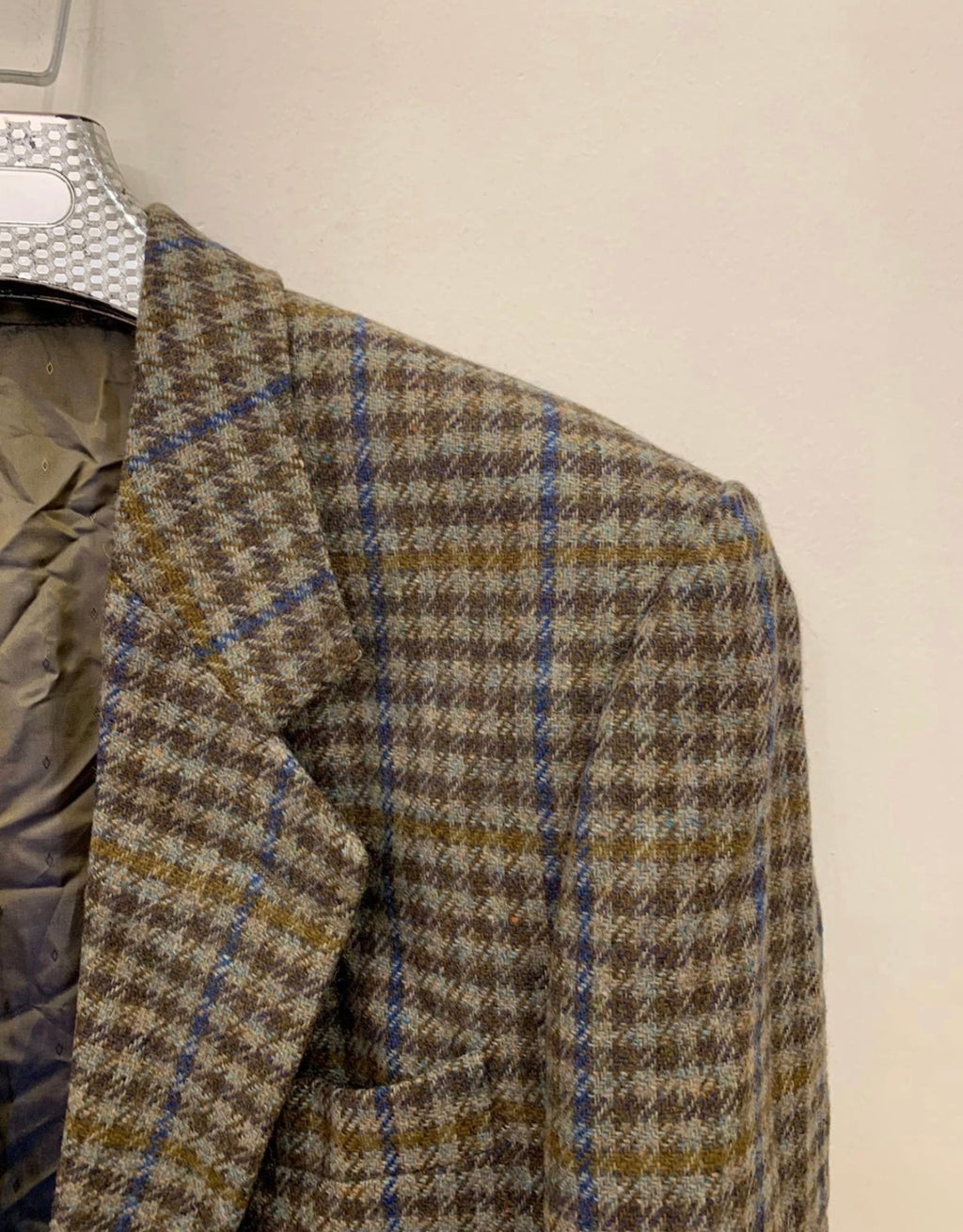 Vintage pure wool handwoven tweed camouflage plaid brown jacket blazer 42R