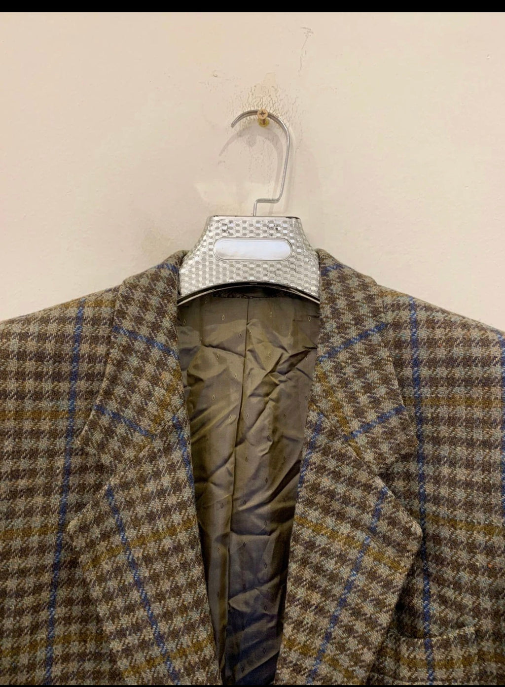 Vintage pure wool handwoven tweed camouflage plaid brown jacket blazer 42R