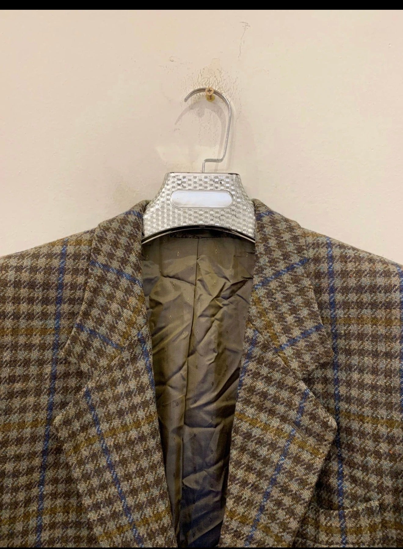 Vintage pure wool handwoven tweed camouflage plaid brown jacket blazer 42R