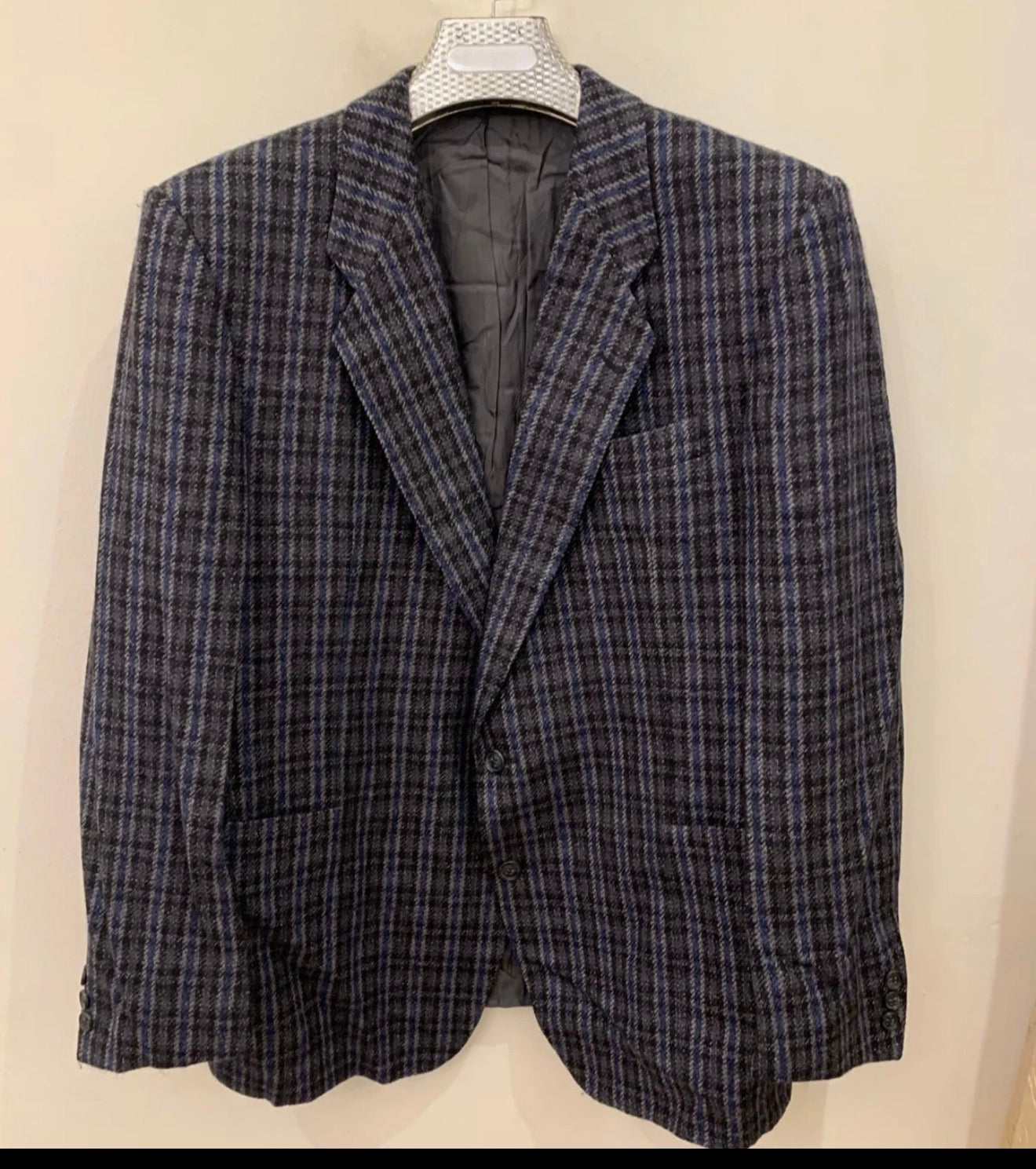 Vintage pure wool tweed camouflage plaid classic blue jacket blazer 42R