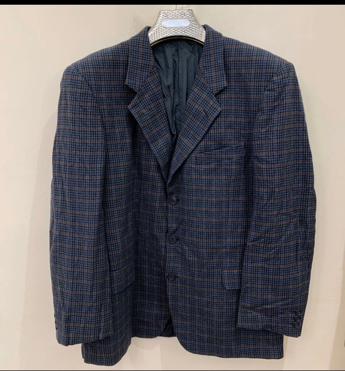 Vintage houndstooth plaid pure wool classic blue hunting jacket blazer 44R