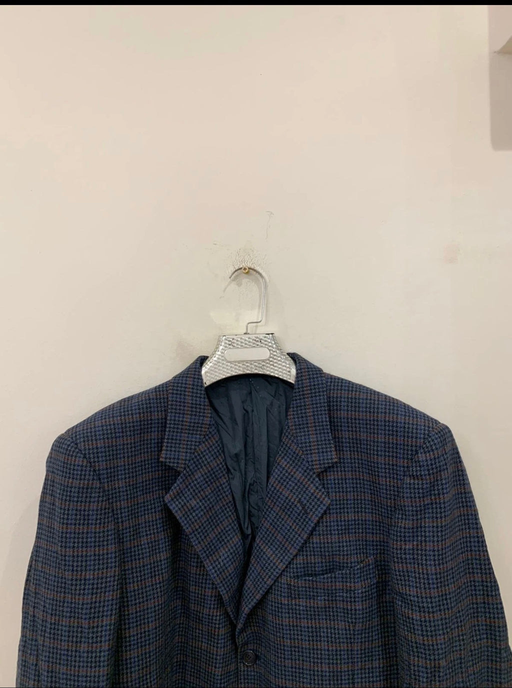 Vintage houndstooth plaid pure wool classic blue hunting jacket blazer 44R