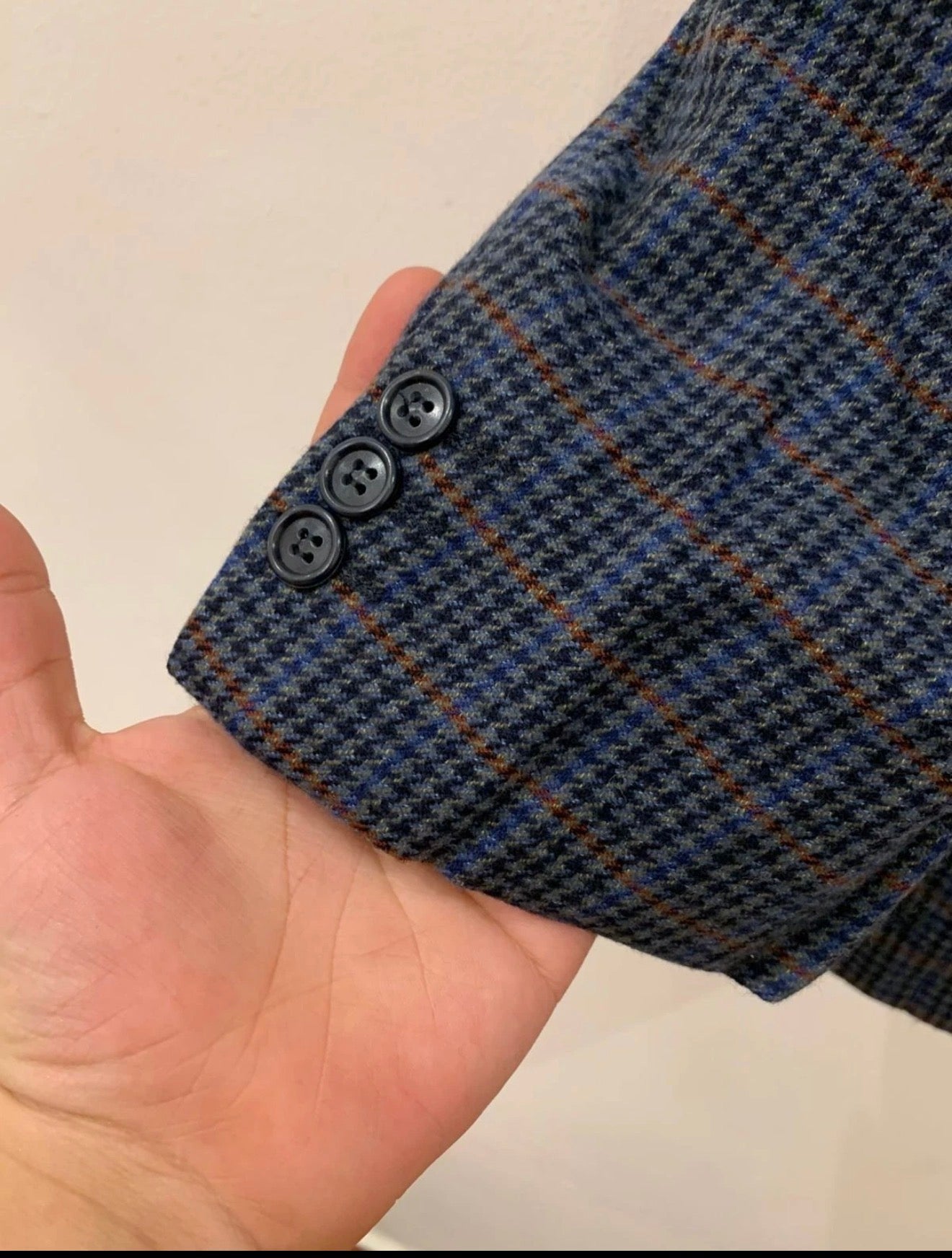 Vintage houndstooth plaid pure wool classic blue hunting jacket blazer 44R