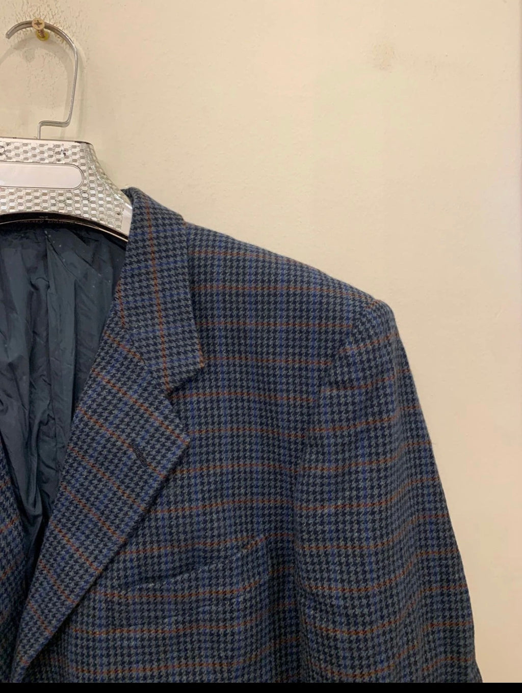 Vintage houndstooth plaid pure wool classic blue hunting jacket blazer 44R