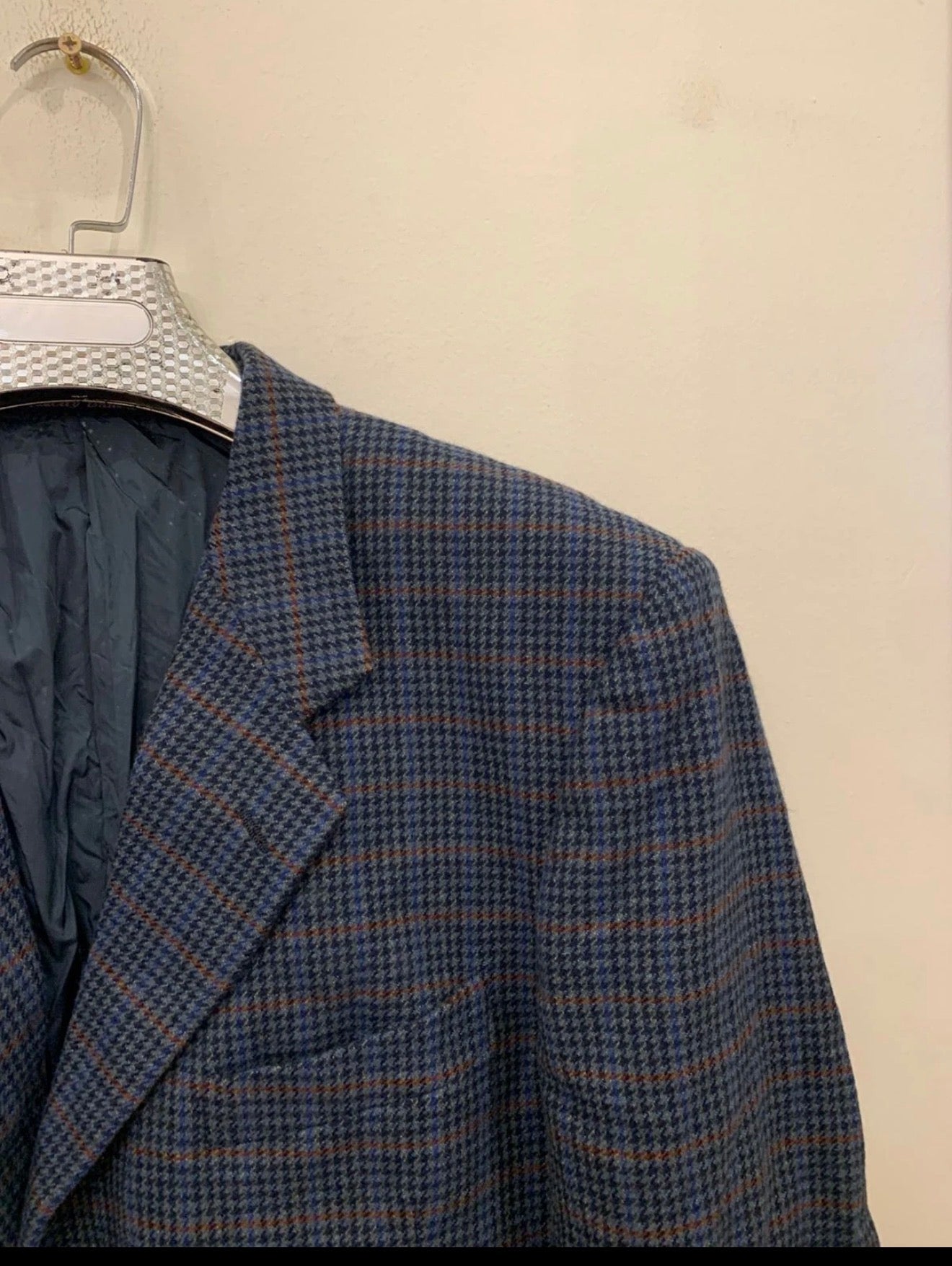 Vintage houndstooth plaid pure wool classic blue hunting jacket blazer 44R