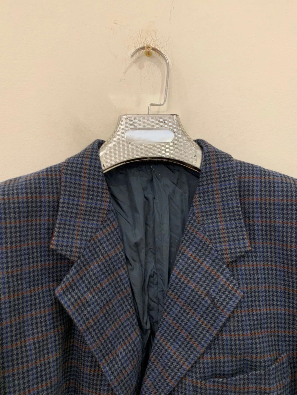 Vintage houndstooth plaid pure wool classic blue hunting jacket blazer 44R