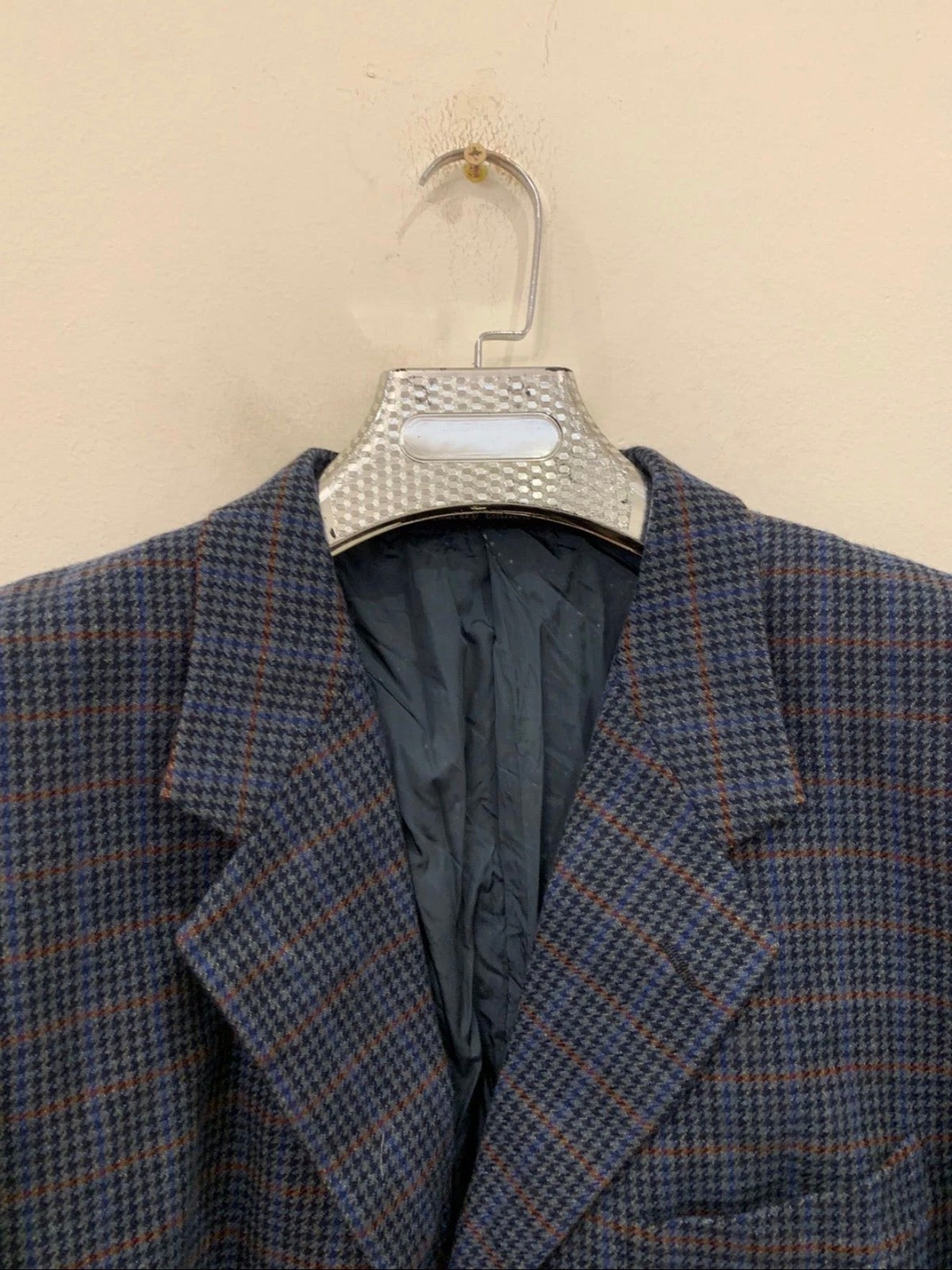 Vintage houndstooth plaid pure wool classic blue hunting jacket blazer 44R