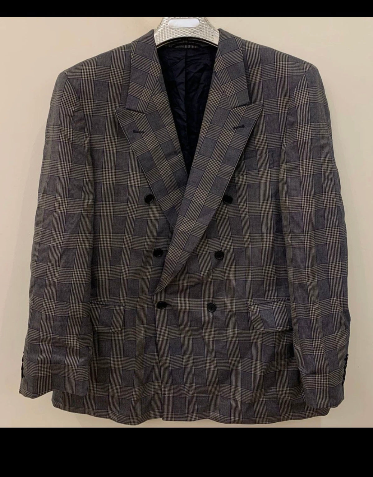 Vintage Roy Robson Wool Silk glen check double breasted jacket blazer 46R XL