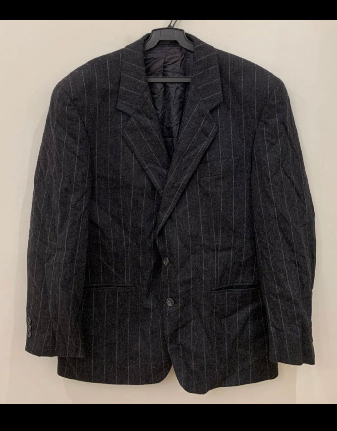 Vintage Van Gils pure wool charcoal chalk stripes classic 2 button suit 44R