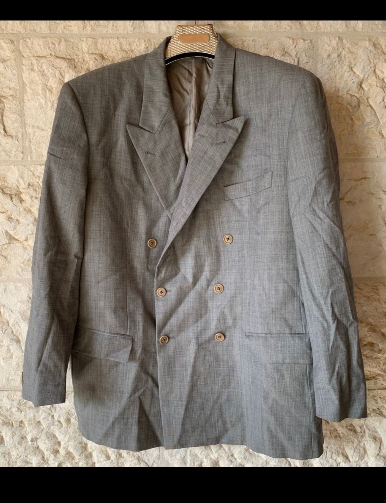 Vintage Superfine pure wool double breasted gangster gray suit 46R XL