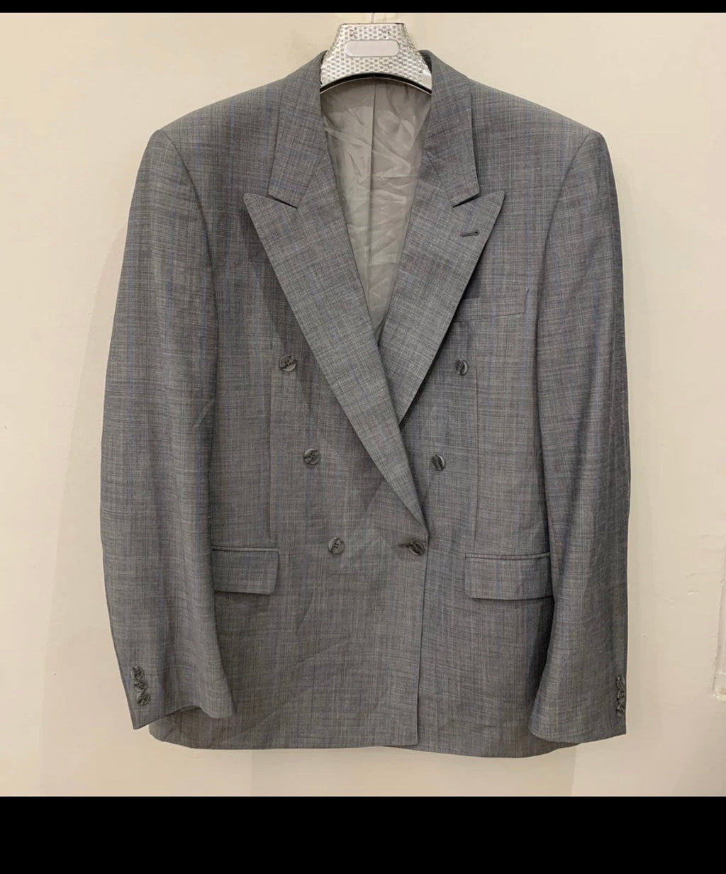 Vintage Wool Mohair blend classic double breasted striped gray suit 46L XL