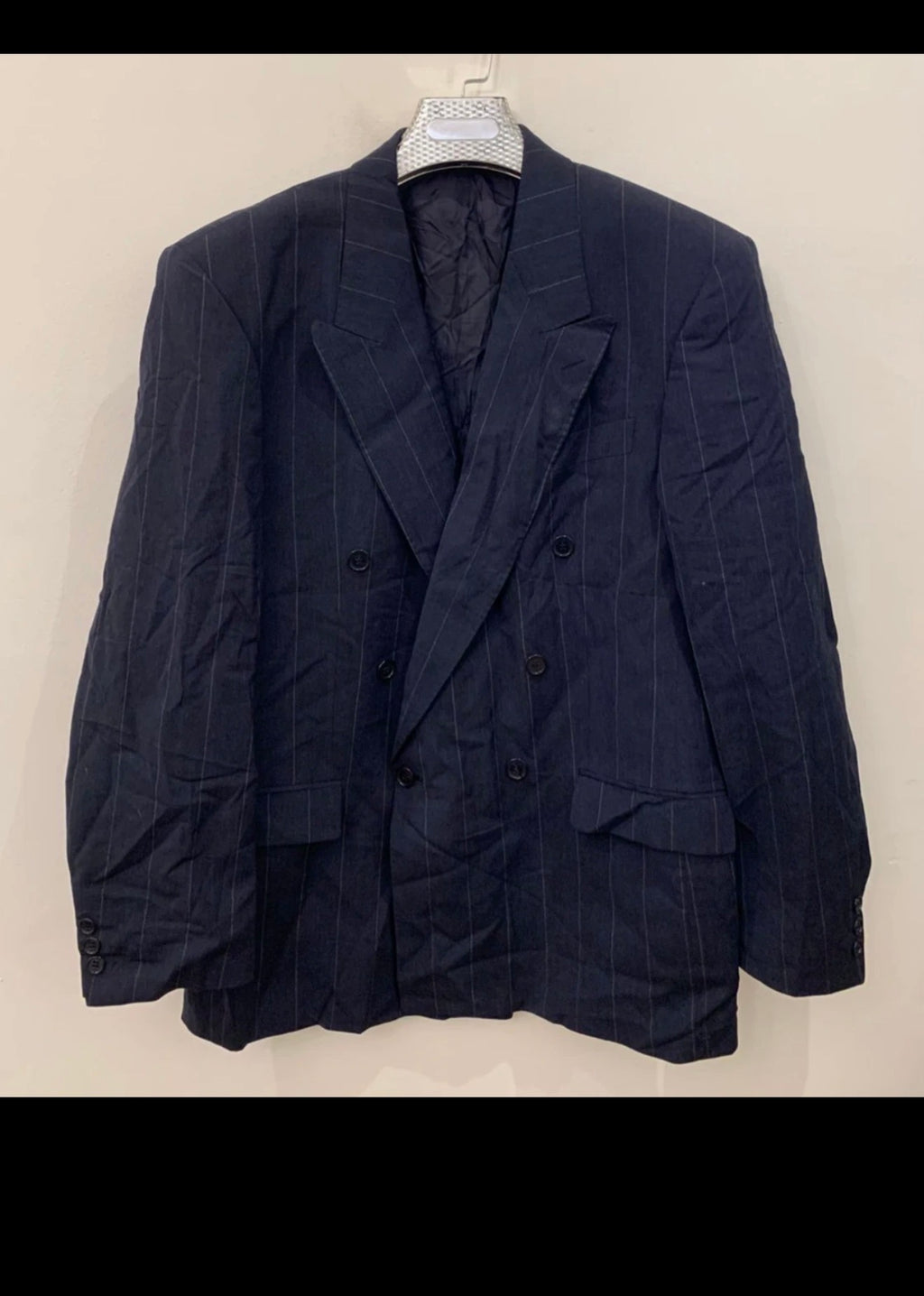 Vintage pure wool double breasted gangster chalk stripes charcoal suit 44R 44L